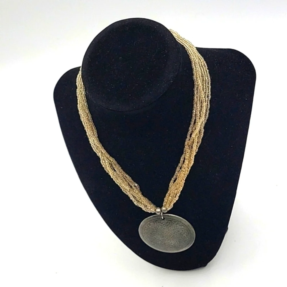 Vintage Multistrand Necklace w/  Round Western Style Silver Pendant